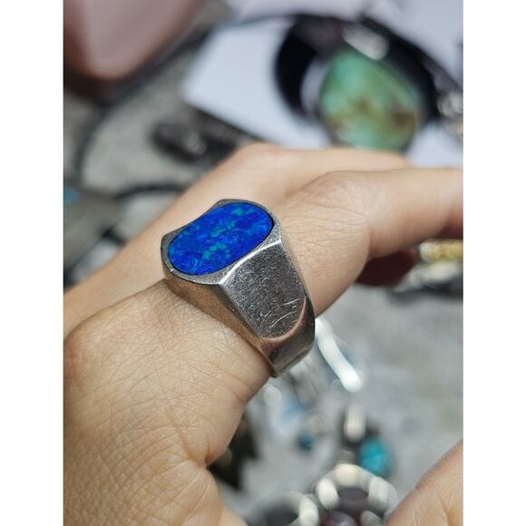 Vintage Sterling Silver Azurite Signet Ring Modernist Mexico 1970s - Picture 5 of 5